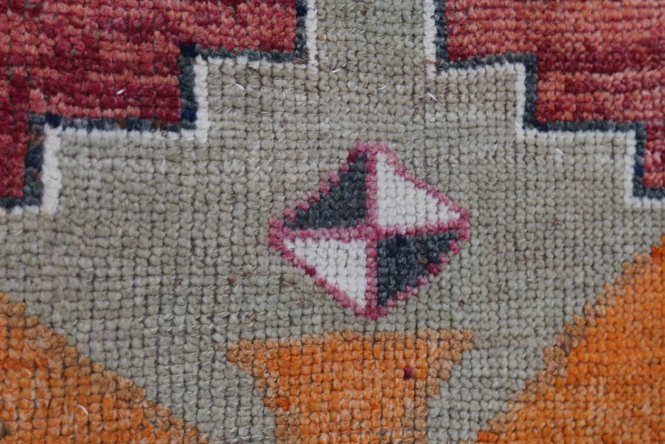 3x5 Vintage Turkish Tapestry Rug, Geometric Tribal Wall Hanging, Orange Red Wool Cotton Textile Art