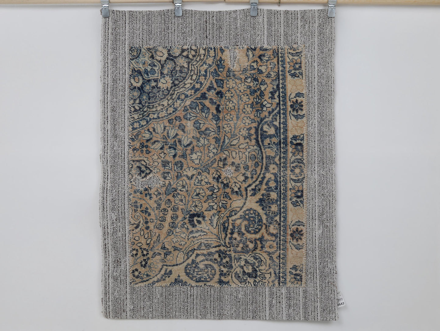 3x5 Vintage Turkish Tapestry Rug, Blue Beige Floral Wall Hanging, Handmade Wool Cotton Textile Art