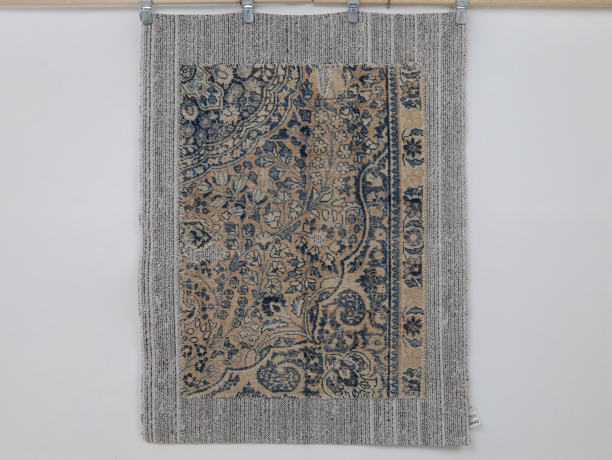 3x5 Vintage Turkish Tapestry Rug, Blue Beige Floral Wall Hanging, Handmade Wool Cotton Textile Art