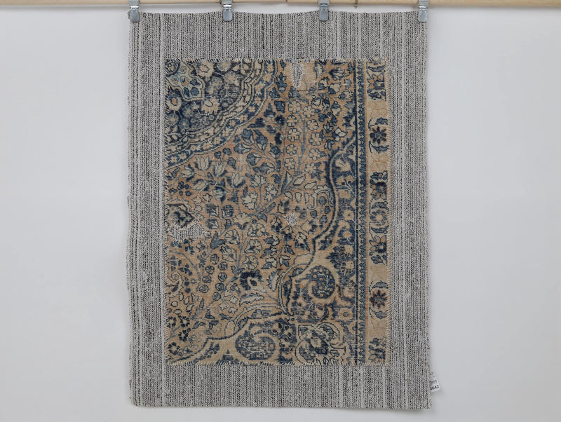 Vintage Turkish Tapestry Rug, Blue Beige Floral Wall Hanging (3'5" x 4'5")