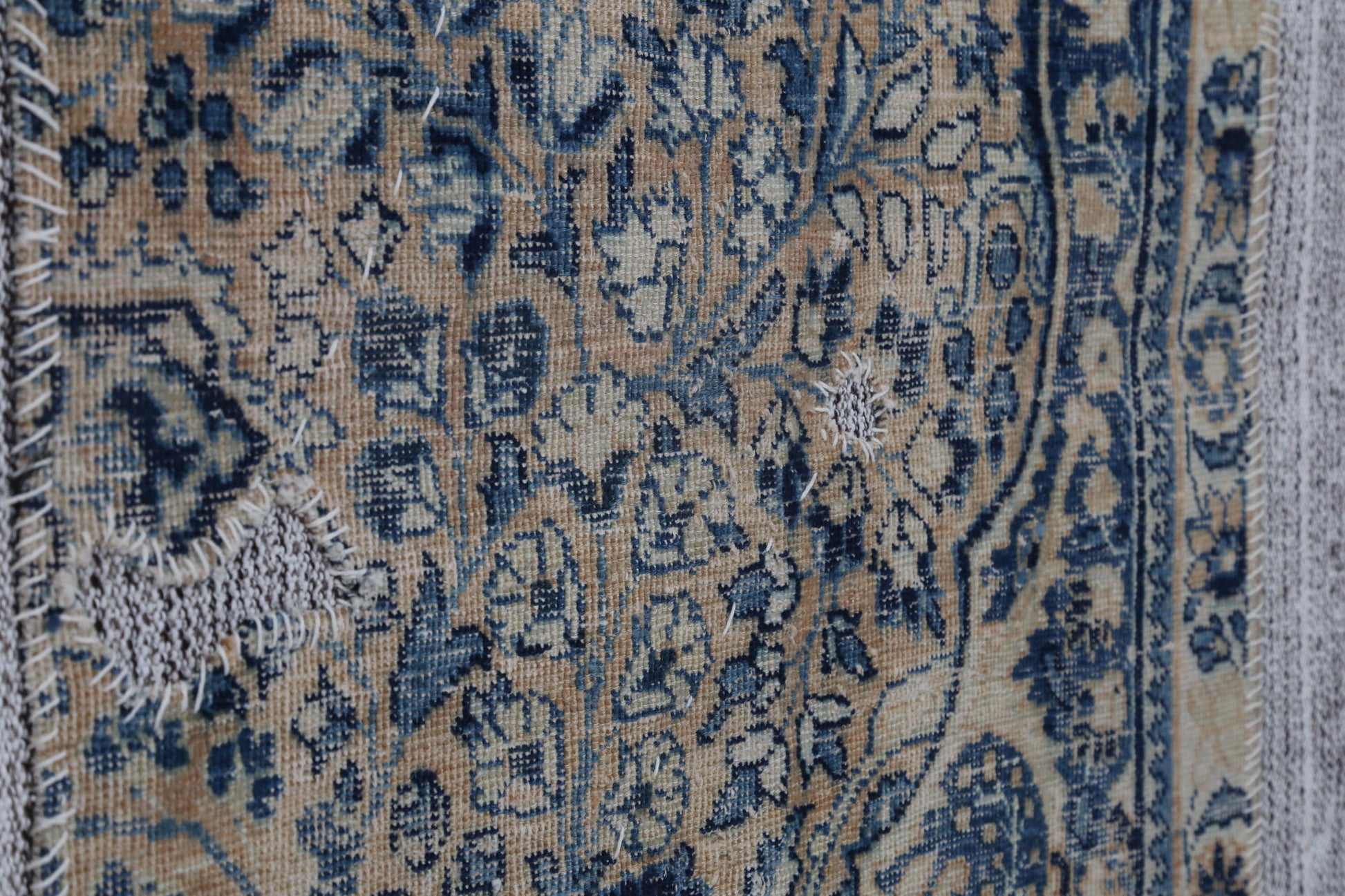 3x5 Vintage Turkish Tapestry Rug, Blue Beige Floral Wall Hanging, Handmade Wool Cotton Textile Art