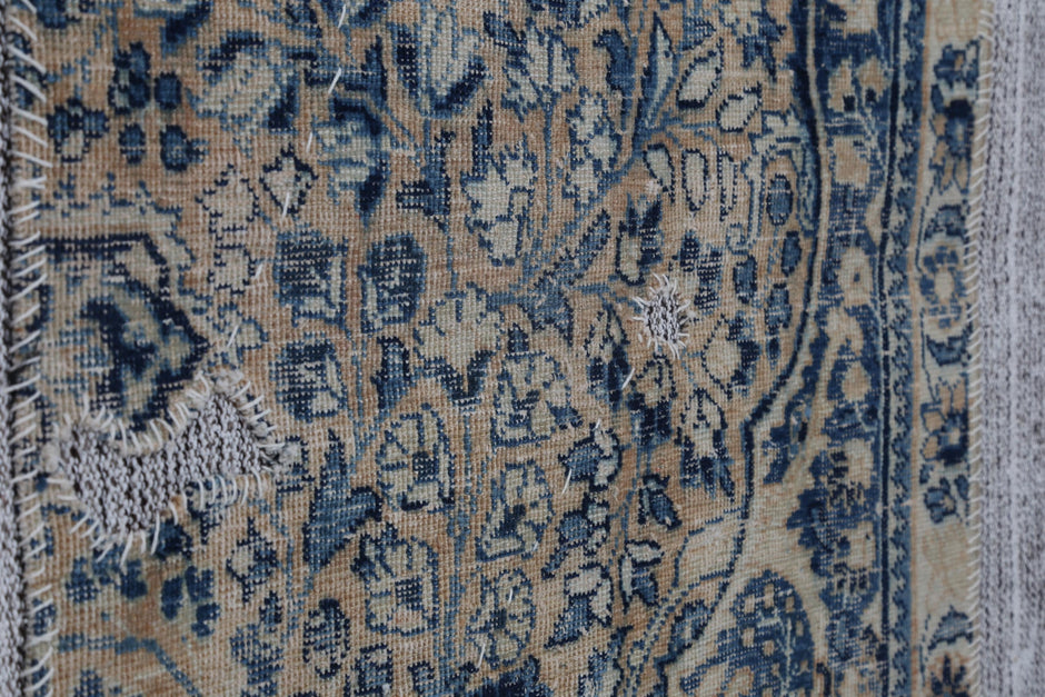 3x5 Vintage Turkish Tapestry Rug, Blue Beige Floral Wall Hanging, Handmade Wool Cotton Textile Art