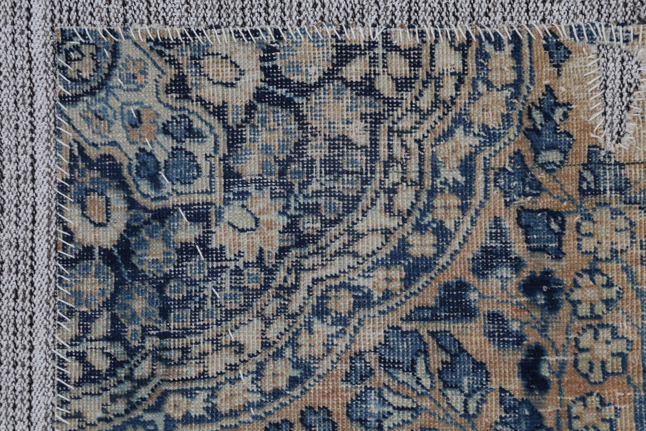 3x5 Vintage Turkish Tapestry Rug, Blue Beige Floral Wall Hanging, Handmade Wool Cotton Textile Art