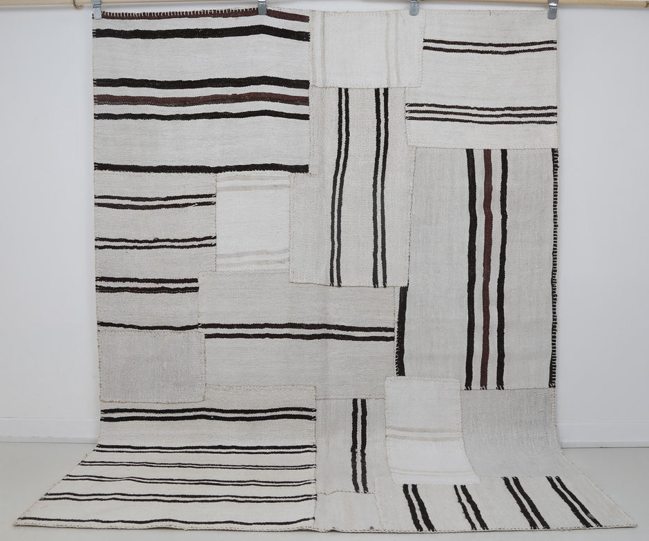 6x8 Vintage Hemp Patchwork Rug, White and Black Striped Handmade Area Rug, Minimalist Natural Fiber Turkish Floor Decor