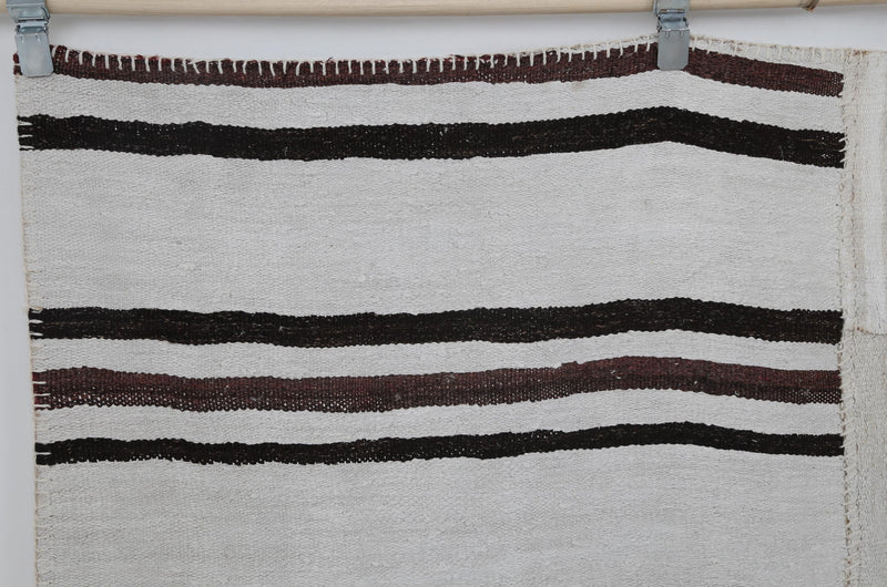 6x8 Vintage Hemp Patchwork Rug, White and Black Striped Handmade Area Rug, Minimalist Natural Fiber Turkish Floor Decor