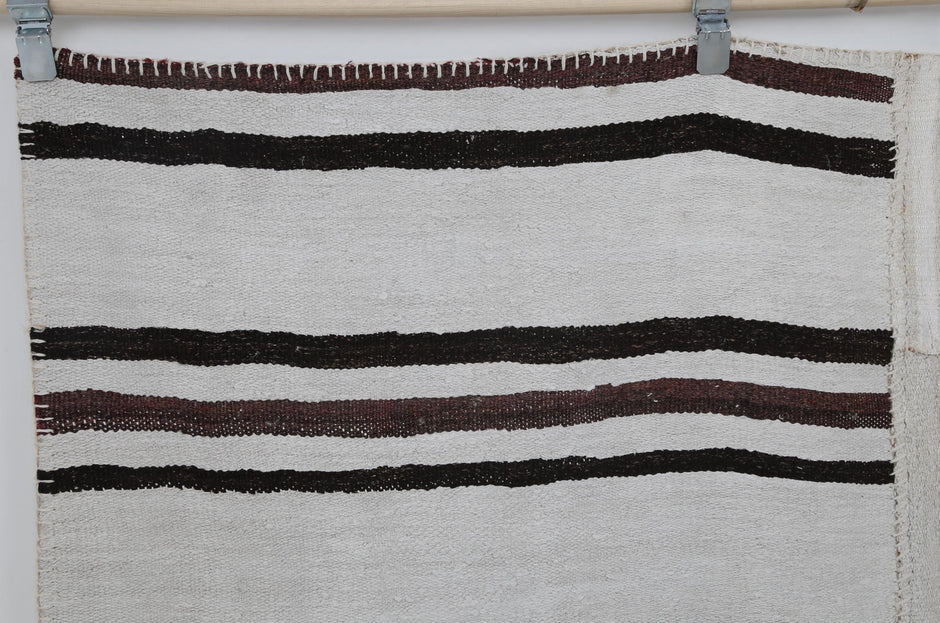 6x8 Vintage Hemp Patchwork Rug, White and Black Striped Handmade Area Rug, Minimalist Natural Fiber Turkish Floor Decor
