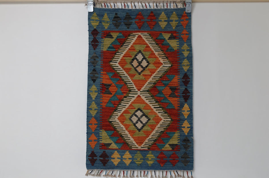 2x3 vintage Turkish kilim rug, blue multicolor geometric tribal accent rug