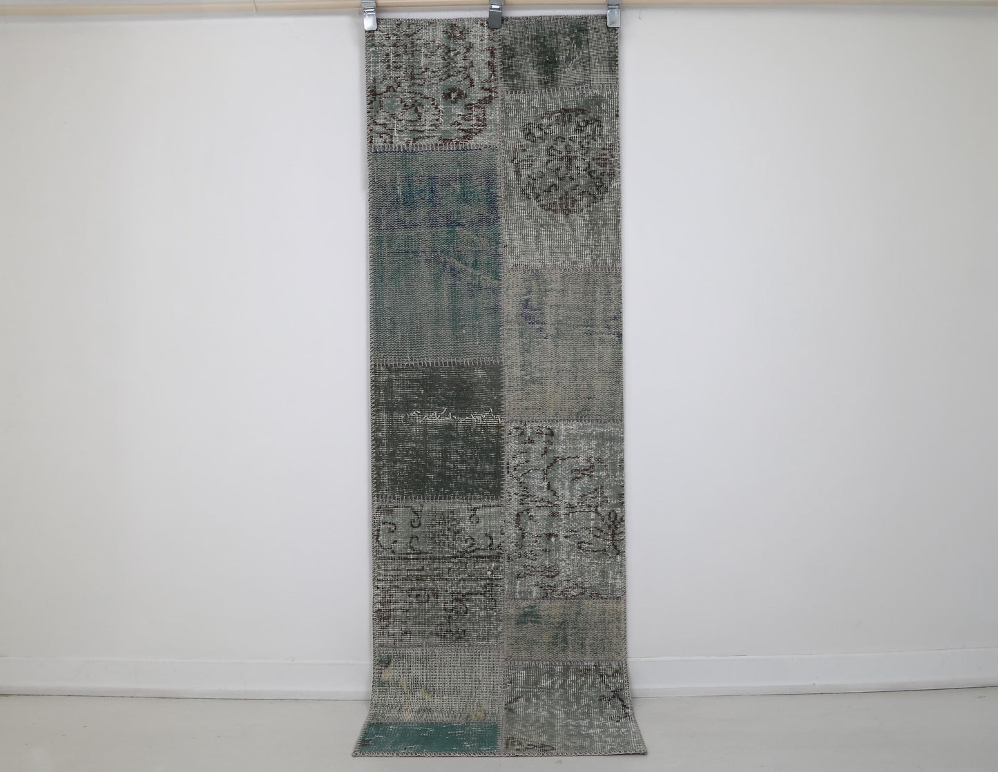 2x6 Vintage Patchwork Runner Rug, Green Turkish Hallway Runner, Handmade Wool Cotton Narrow Rug