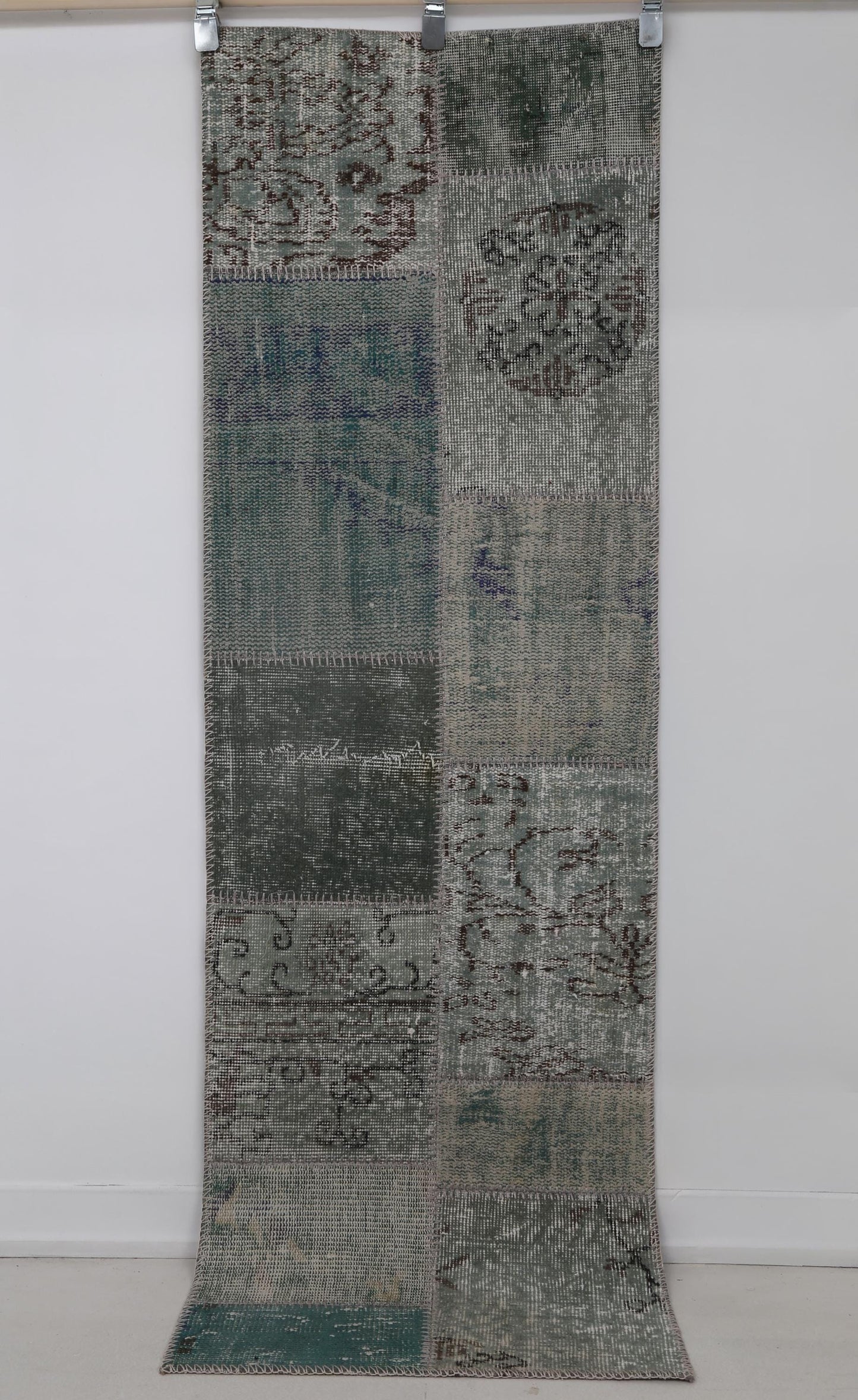 2x6 Vintage Patchwork Runner Rug, Green Turkish Hallway Runner, Handmade Wool Cotton Narrow Rug