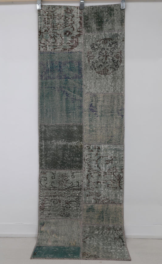 2x6 Vintage Patchwork Runner Rug, Green Turkish Hallway Runner, Handmade Wool Cotton Narrow Rug