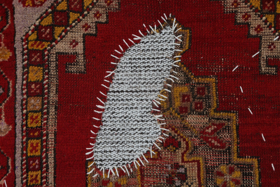 3x4 Vintage Wool Tapestry Rug, Red Yellow Tribal Wall Hanging, Handmade Anatolian Textile Decor