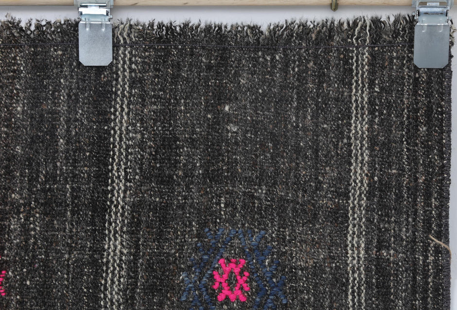 2x8 Vintage Flatweave Runner Rug, Black Brown Striped Turkish Kilim, Handmade Wool Cotton Hallway Rug