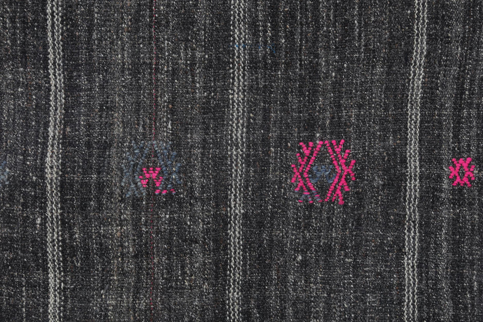 2x8 Vintage Flatweave Runner Rug, Black Brown Striped Turkish Kilim, Handmade Wool Cotton Hallway Rug