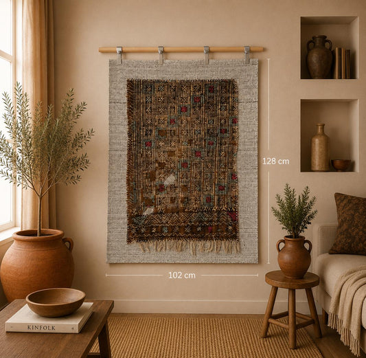 3x4 Vintage Wool Tapestry Rug, Brown Beige Tribal Wall Hanging, Handmade Woven Textile Decor