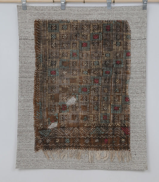 3x4 Vintage Wool Tapestry Rug, Brown Beige Tribal Wall Hanging, Handmade Woven Textile Decor