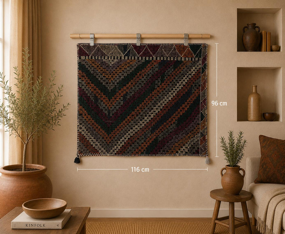 3x4 vintage wool tapestry rug, multicolor geometric zigzag wall hanging