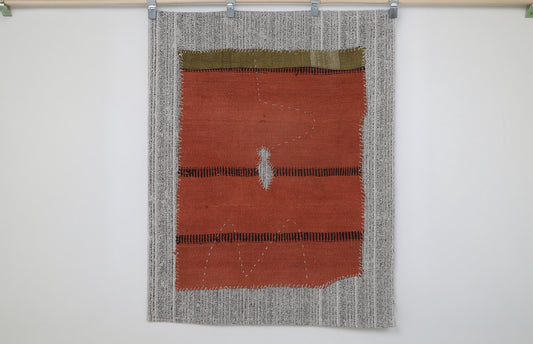 3x4 Vintage Hemp Tapestry Rug, Orange Minimalist Wall Hanging, Handmade Textile Fiber Art