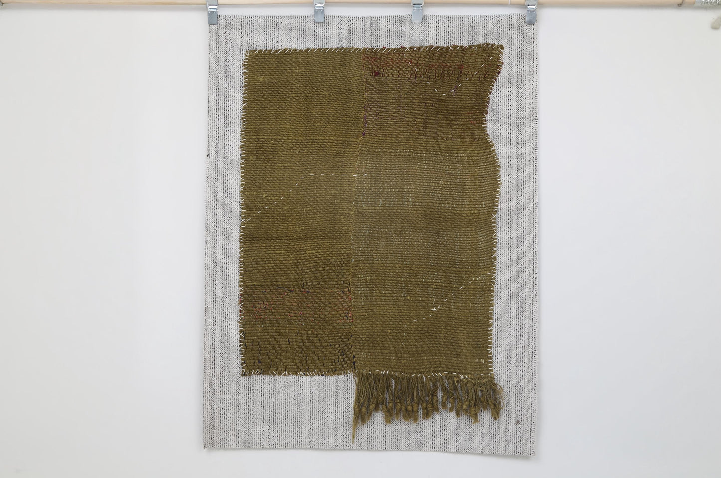 3x4 Vintage Hemp Tapestry Rug, Green Minimalist Wall Hanging, Handmade Textile Fiber Art