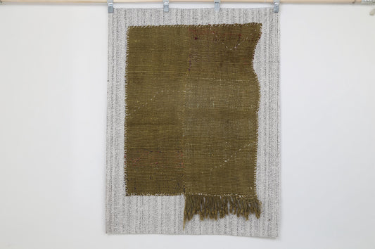 3x4 Vintage Hemp Tapestry Rug, Green Minimalist Wall Hanging, Handmade Textile Fiber Art