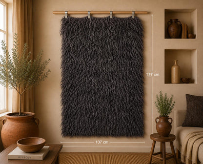  6x4 vintage Turkish tulu rug, charcoal gray and smoky purple long pile rug