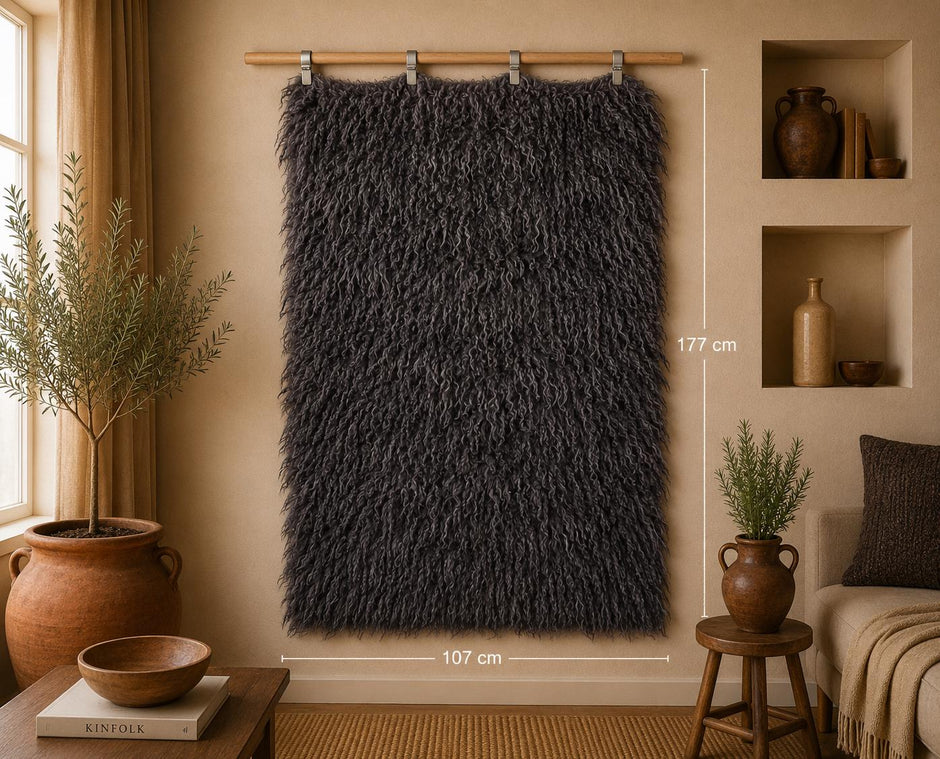  6x4 vintage Turkish tulu rug, charcoal gray and smoky purple long pile rug