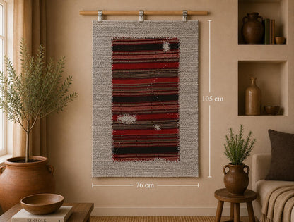 2x3 vintage wool tapestry rug, red and black striped wall hanging