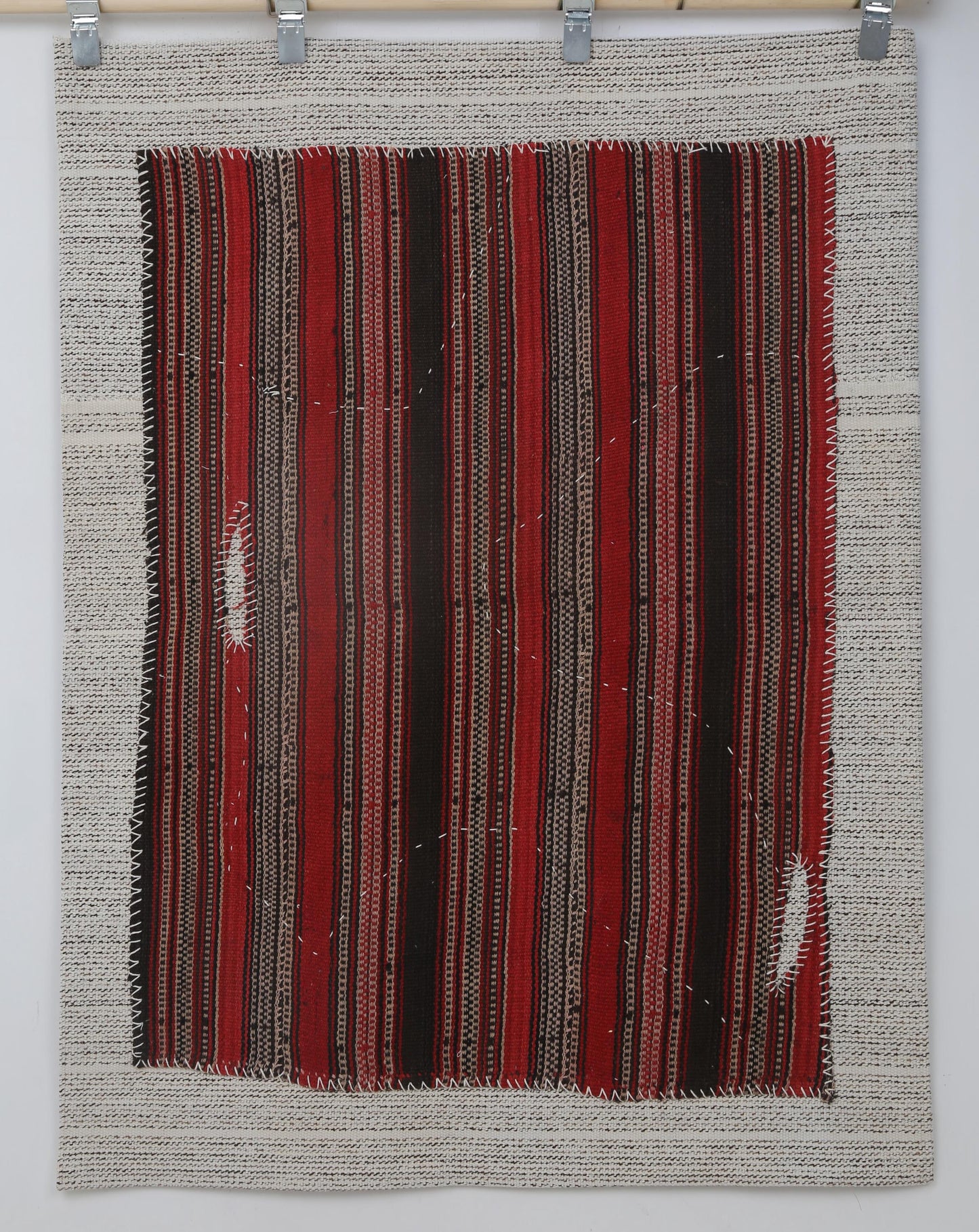 3x4 Vintage Wool Tapestry Rug, Red Striped Wall Hanging, Handmade Tribal Textile Art