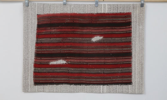 3x4 Vintage Wool Tapestry Rug, Red and Black Striped Wall Hanging, Handmade Textile Art Decor