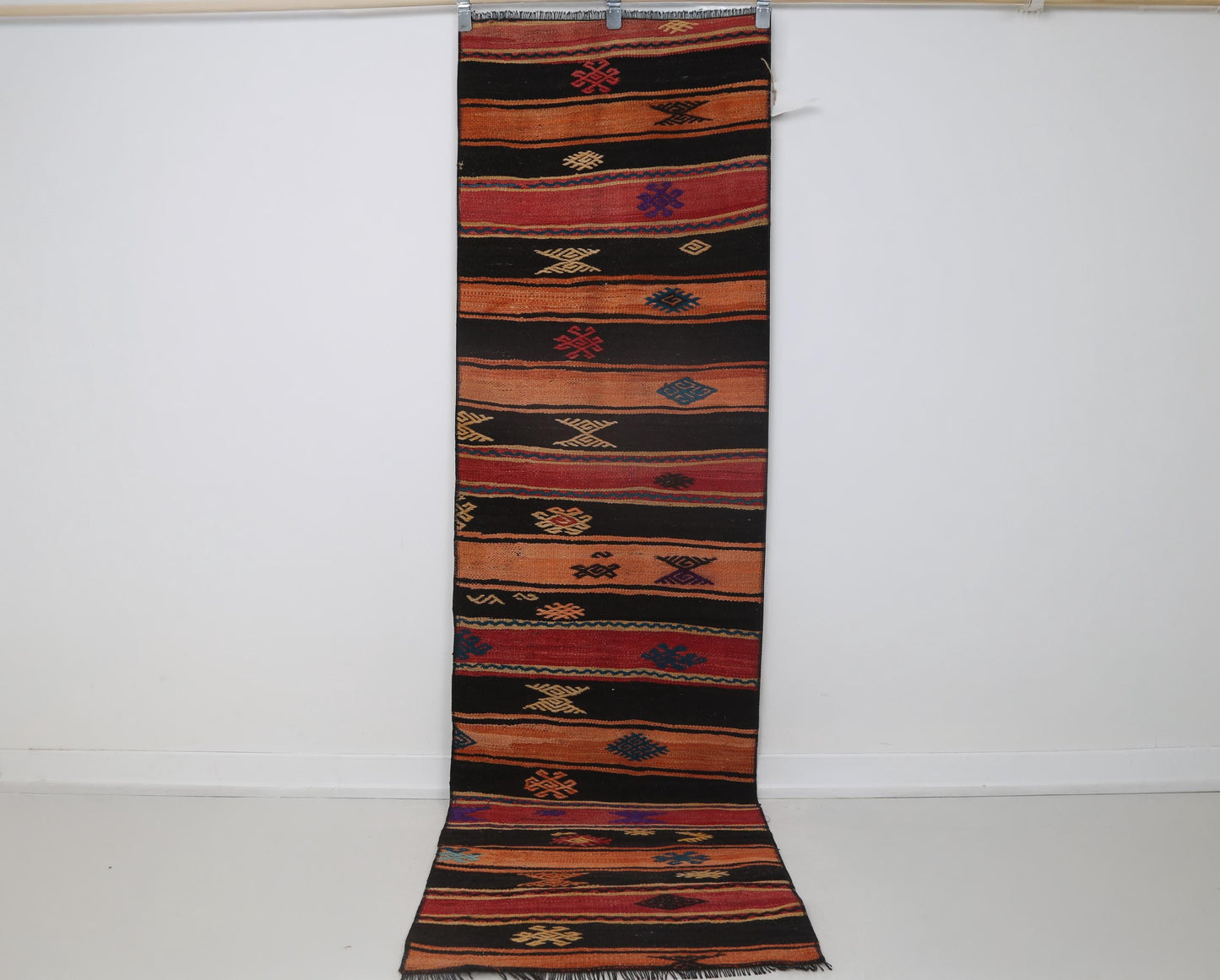 2x8 Vintage Turkish Kilim Runner Rug, Orange and Black Striped Wool Hallway Rug, Handmade Tribal Long Runner
