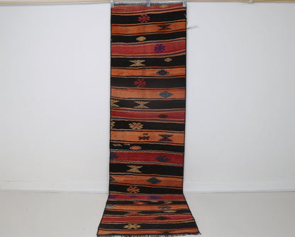 2x8 Vintage Turkish Kilim Runner Rug, Orange and Black Striped Wool Hallway Rug, Handmade Tribal Long Runner