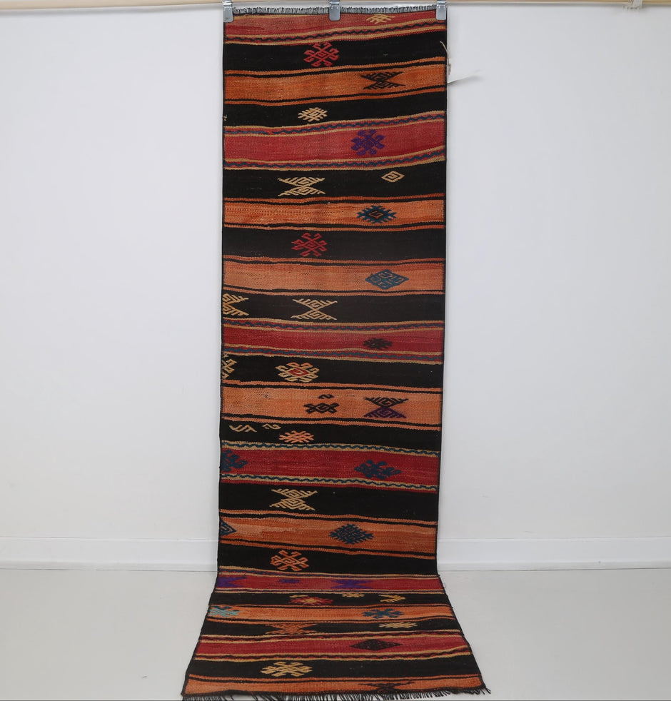 2x8 vintage Turkish kilim runner rug, orange and black striped hallway rug