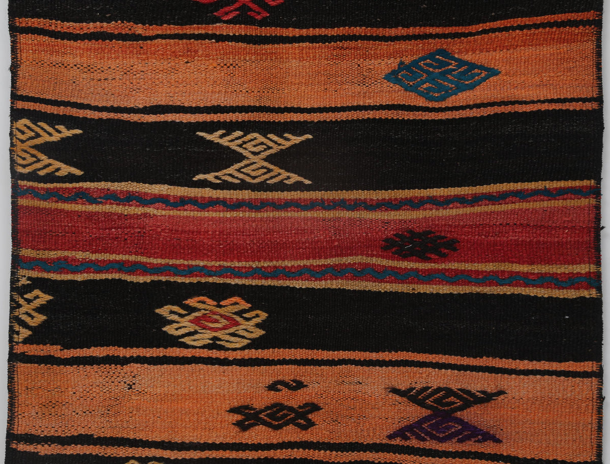 2x8 Vintage Turkish Kilim Runner Rug, Orange and Black Striped Wool Hallway Rug, Handmade Tribal Long Runner