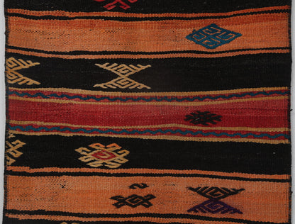 2x8 Vintage Turkish Kilim Runner Rug, Orange and Black Striped Wool Hallway Rug, Handmade Tribal Long Runner