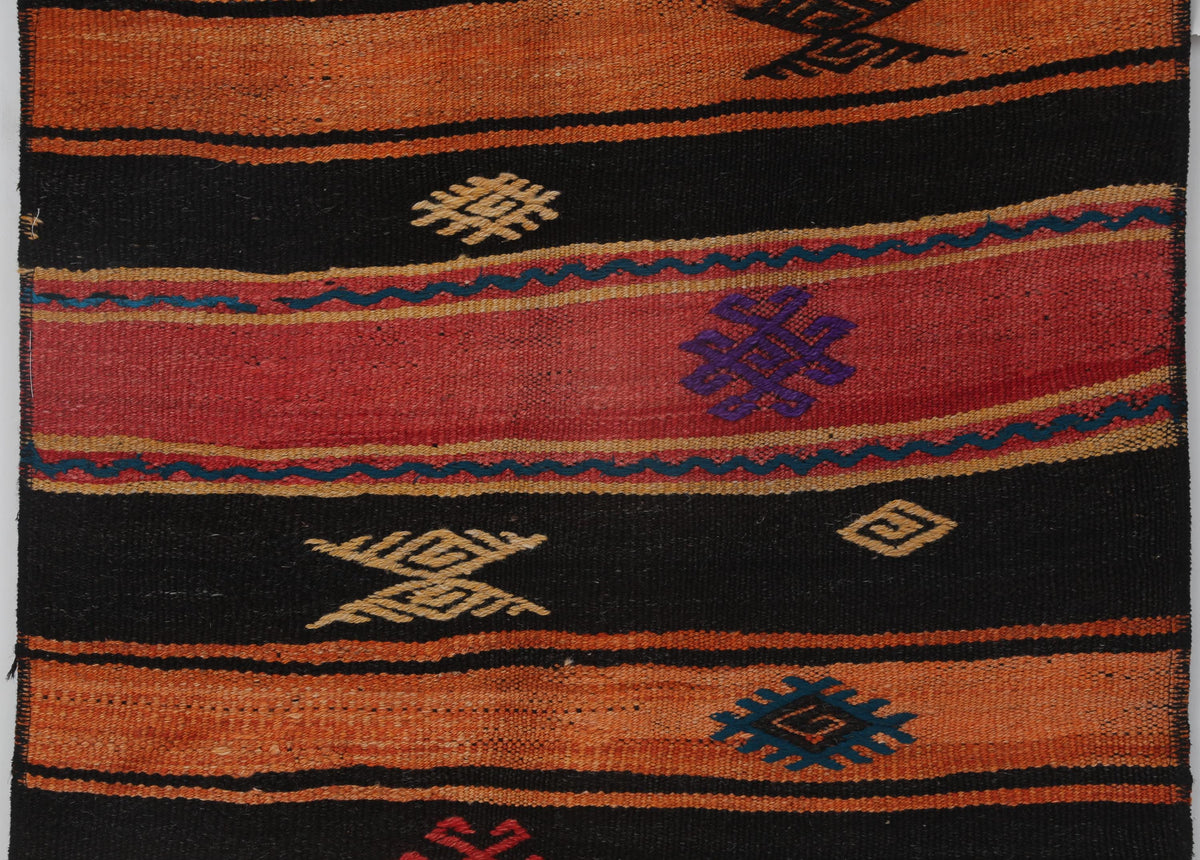 2x8 Vintage Turkish Kilim Runner Rug, Orange and Black Striped Wool Hallway Rug, Handmade Tribal Long Runner