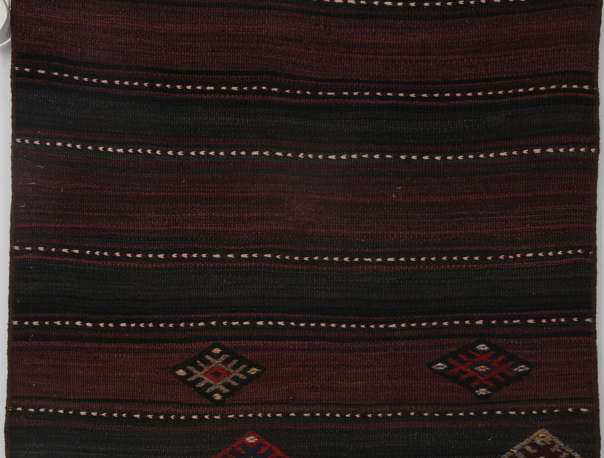 2x7 Vintage Turkish Kilim Runner Rug, Red and Black Wool Hallway Rug, Handmade Tribal Striped Long Runner