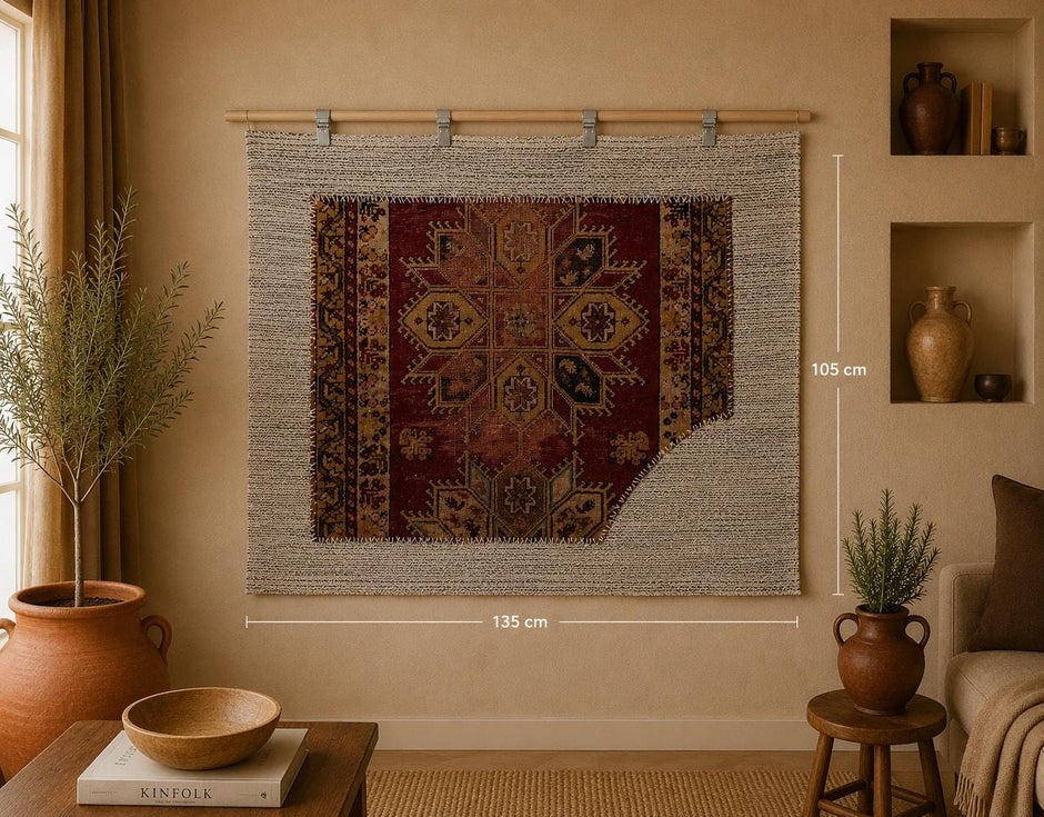 3x5 Vintage Turkish Tapestry Rug, Red Geometric Wool Cotton Wall Hanging, Handmade Tribal Textile Art