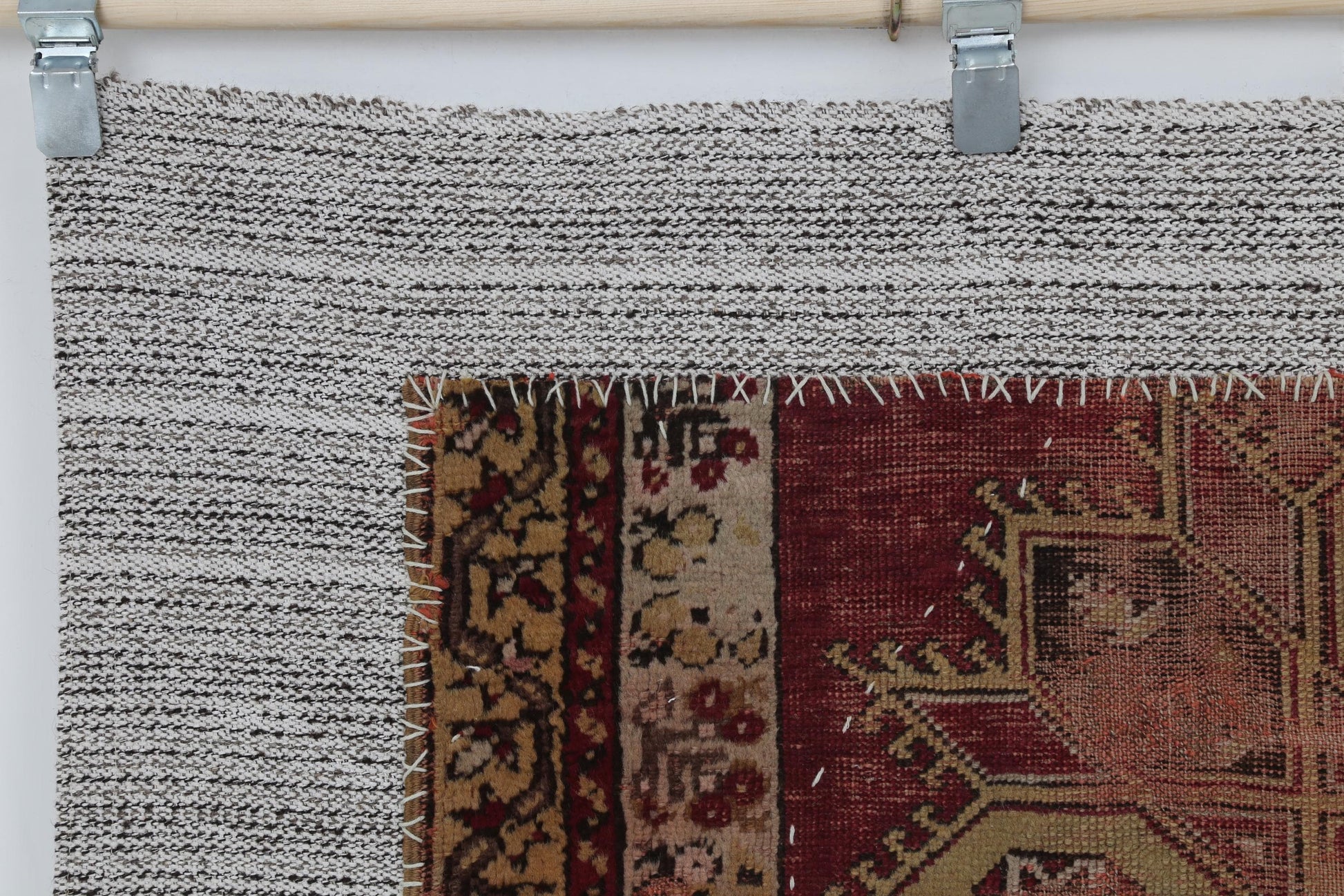 3x5 Vintage Turkish Tapestry Rug, Red Geometric Wool Cotton Wall Hanging, Handmade Tribal Textile Art