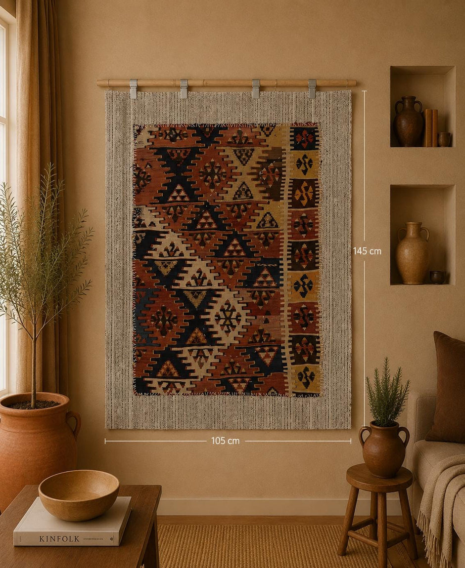 3x5 Vintage Turkish Kilim Tapestry Rug, Multicolor Geometric Wool Wall Hanging, Handmade Tribal Textile Art
