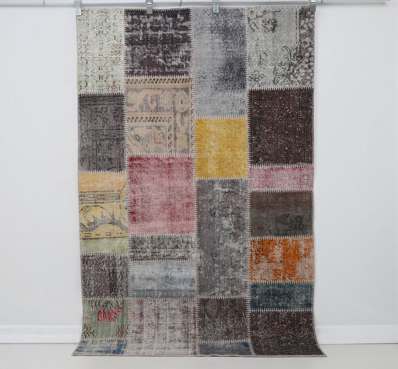 4x7 Vintage Patchwork Rug, Multicolor Turkish Area Rug, Handwoven Wool Cotton Accent Rug