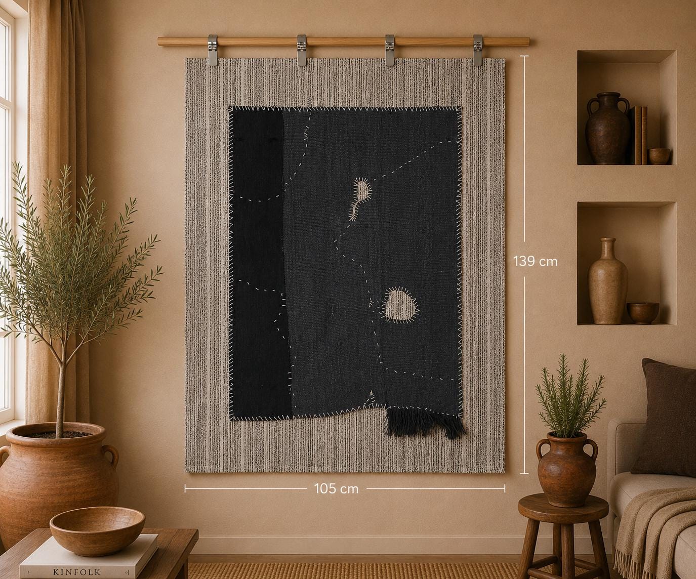 3x5 Hemp Tapestry Rug, Deep Blue Minimalist Wall Hanging, Handmade Textile Art Decor