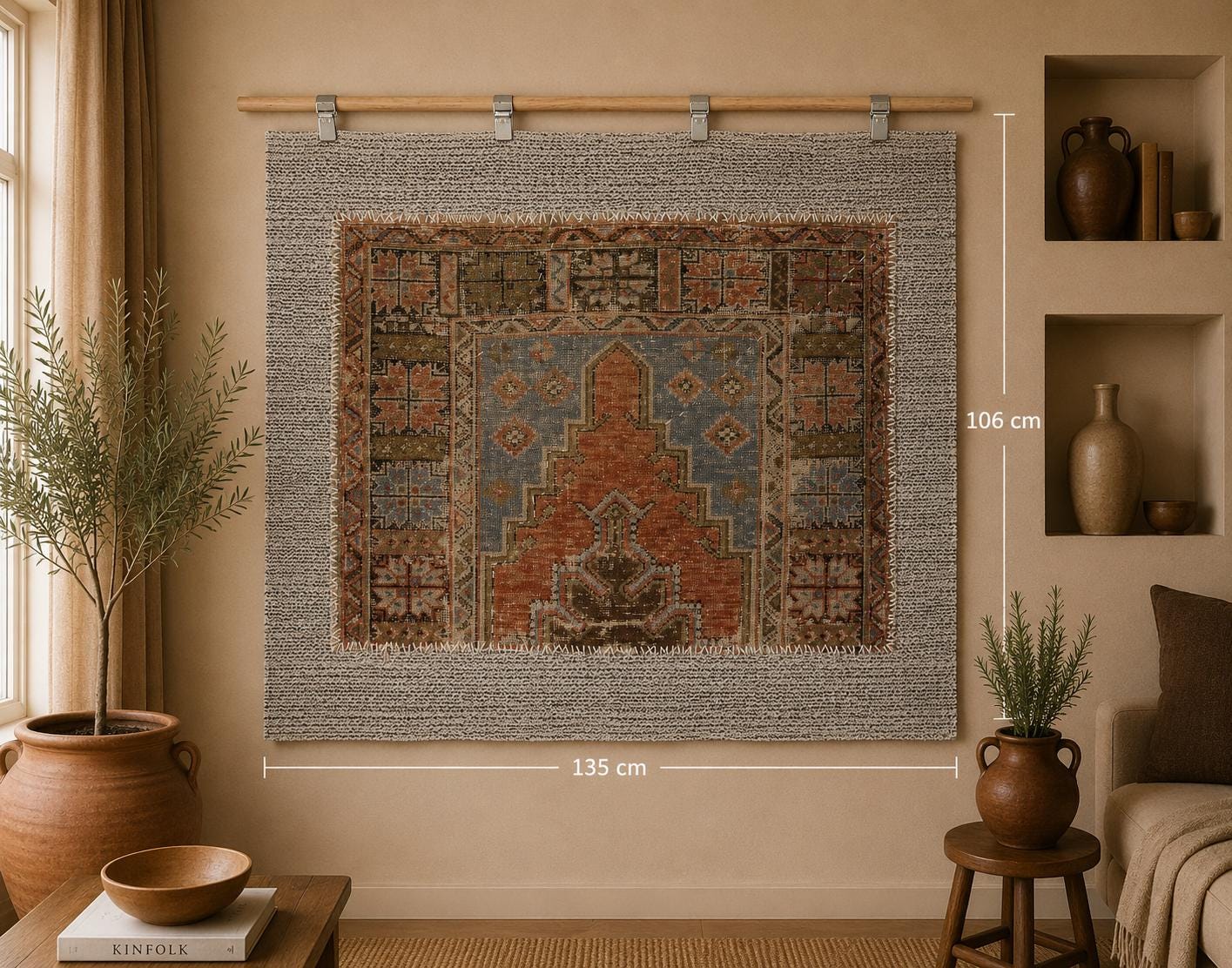 3x4 Vintage Turkish Tapestry Rug, Orange and Brown Tribal Wall Hanging, Handmade Wool Cotton Textile Art