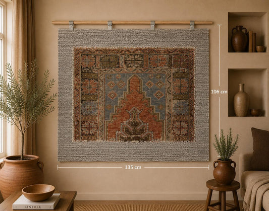 3x4 Vintage Turkish Tapestry Rug, Orange and Brown Tribal Wall Hanging, Handmade Wool Cotton Textile Art