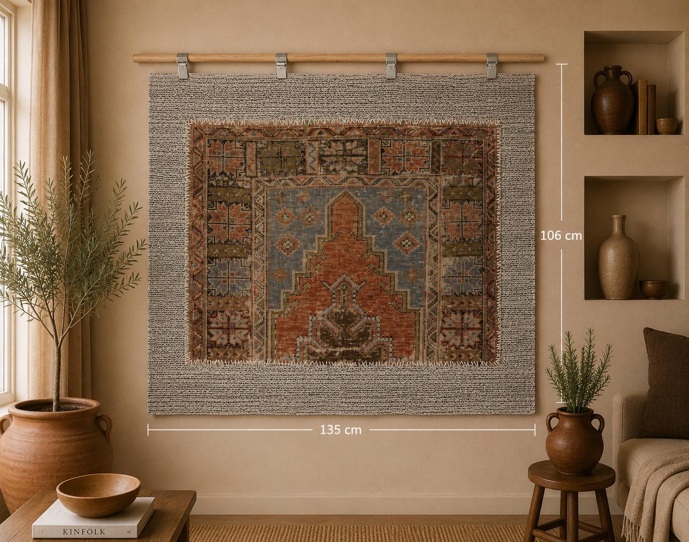 3x4 Vintage Turkish Tapestry Rug, Orange and Brown Tribal Wall Hanging, Handmade Wool Cotton Textile Art