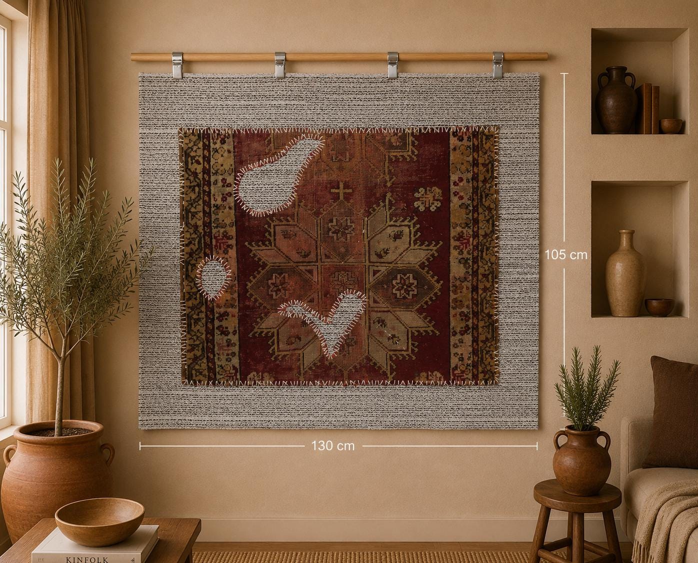 3x4 Vintage Turkish Tapestry Rug, Red and Brown Tribal Wall Hanging, Handmade Wool Cotton Textile Art