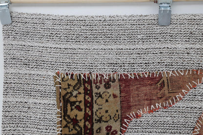 3x4 Vintage Turkish Tapestry Rug, Red and Brown Tribal Wall Hanging, Handmade Wool Cotton Textile Art