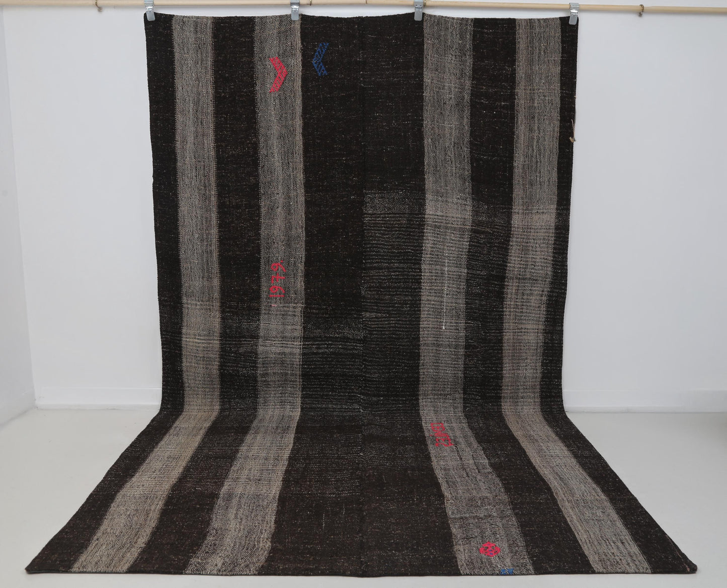 6x10 Vintage Turkish Flatweave Rug, Black Brown Striped Kilim, Handmade Wool Cotton Area Rug
