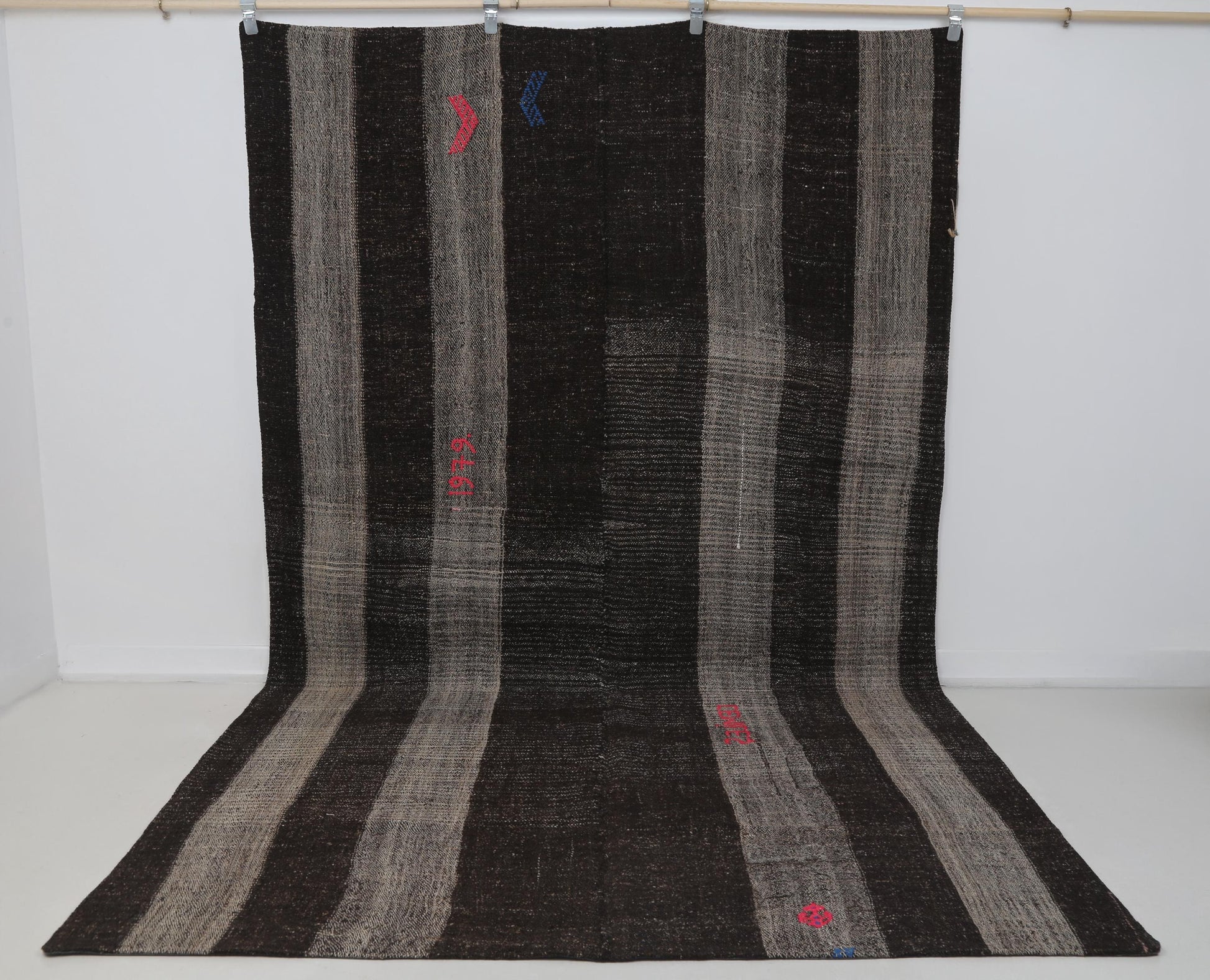 6x10 Vintage Turkish Flatweave Rug, Black Brown Striped Kilim, Handmade Wool Cotton Area Rug