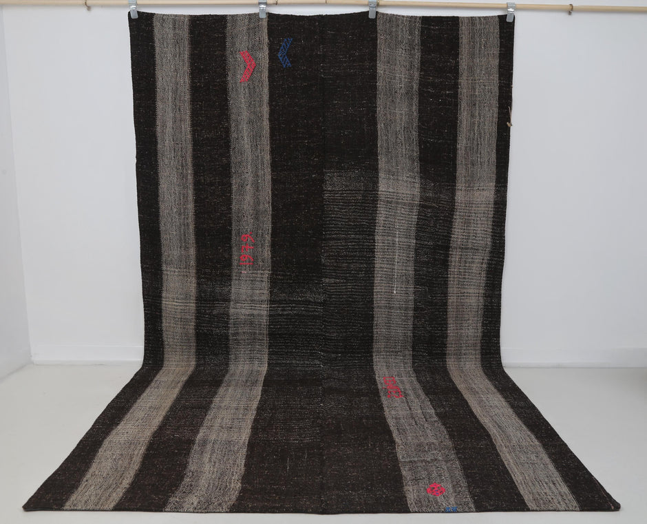 6x10 Vintage Turkish Flatweave Rug, Black Brown Striped Kilim, Handmade Wool Cotton Area Rug