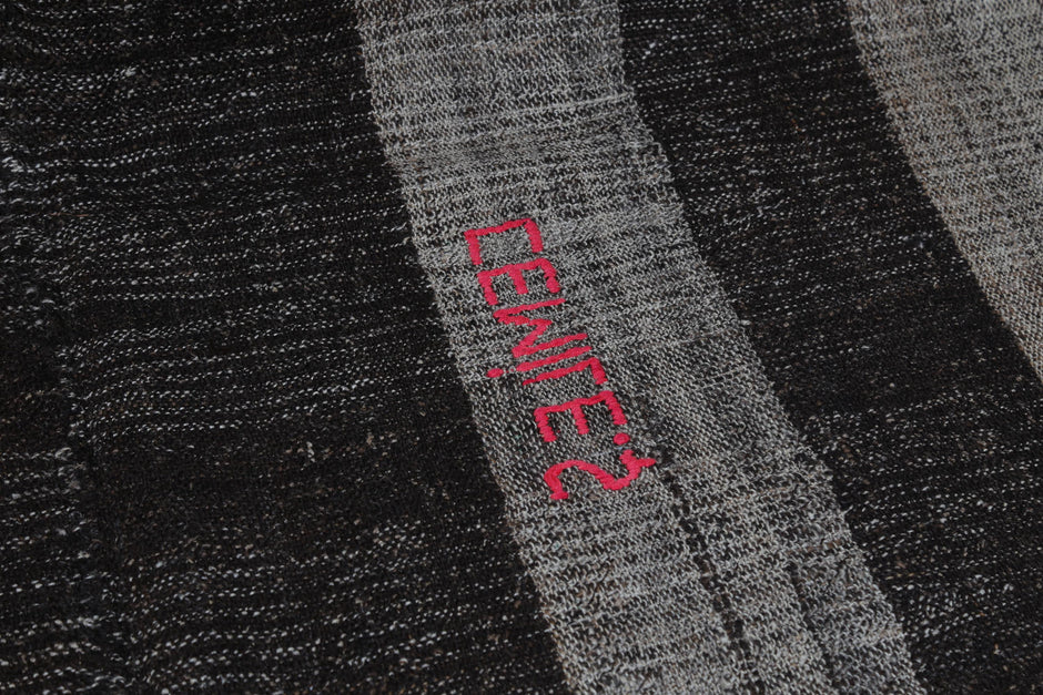 6x10 Vintage Turkish Flatweave Rug, Black Brown Striped Kilim, Handmade Wool Cotton Area Rug