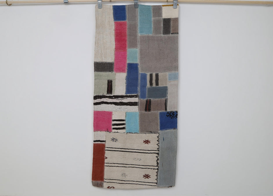2x5 Vintage Hemp Patchwork Runner Rug, Multicolor Handmade Turkish Runner, Boho Hallway Rug, Geometric Textile Decor